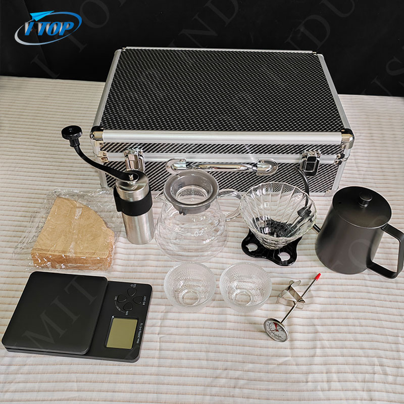 Factory Manufacturer Gift Box Glass Pot Grinder Stainless Steel Coffee Tea Pot Pour Over Coffee Maker Set