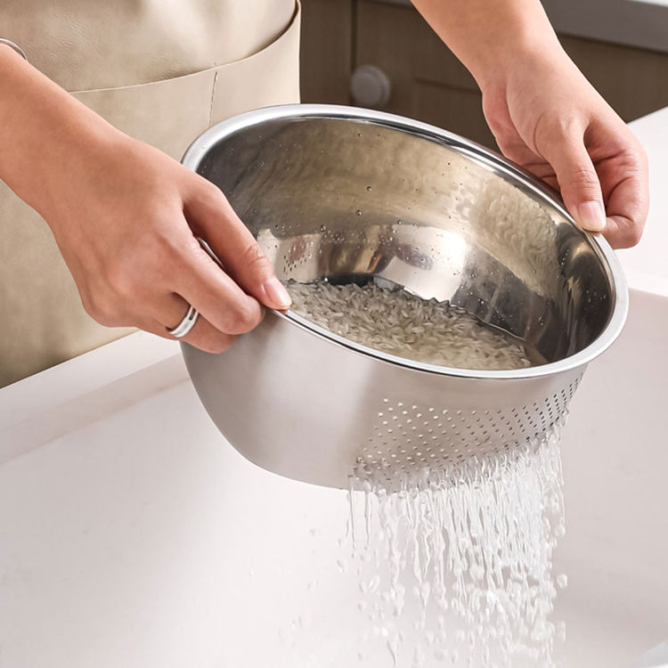 Amazon Hot Selling Stainless Steel Rice Washing Bowl Colander And Kitchen Strainer With Side Drainers