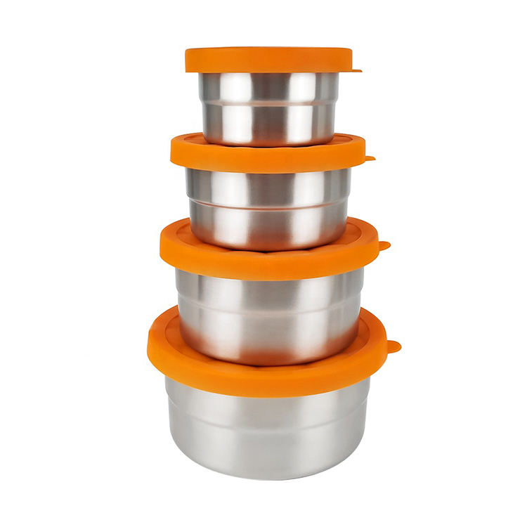 Eco Friendly Bento Lunch Box Set of 4 Stainless Steel Leakproof Food Storage Box for kids Sauce Soup Container with Silicone Lid