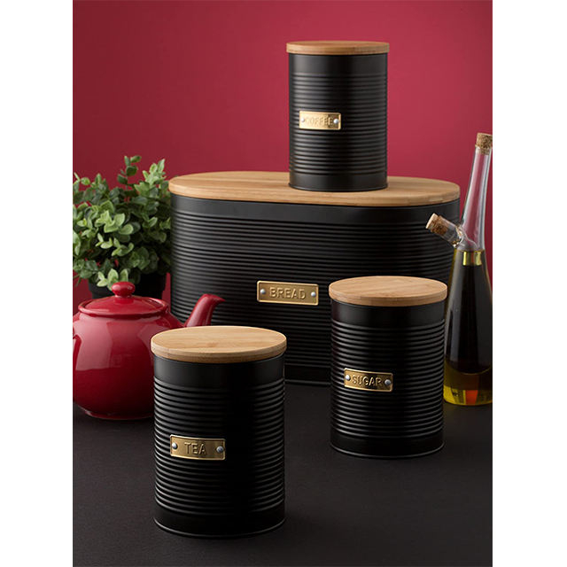 Bread Bin with Bamboo Lid kitchen Matte Black corner metal stainless steel bread box and canisters
