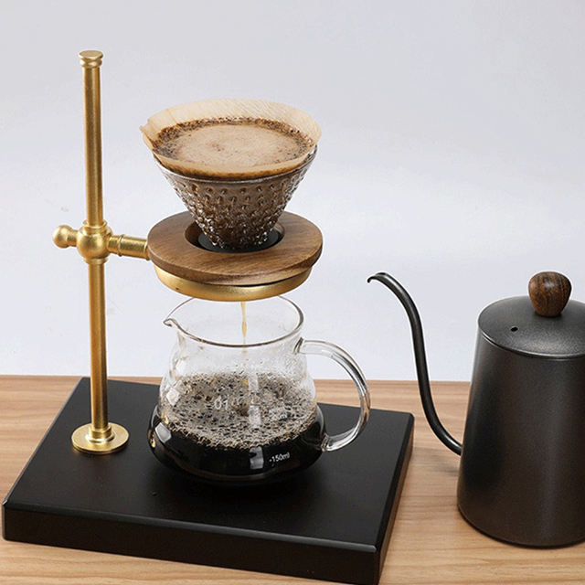Wholesale copper coffee filter holder pot drip filter holder Walnut wooden base adjustable height
