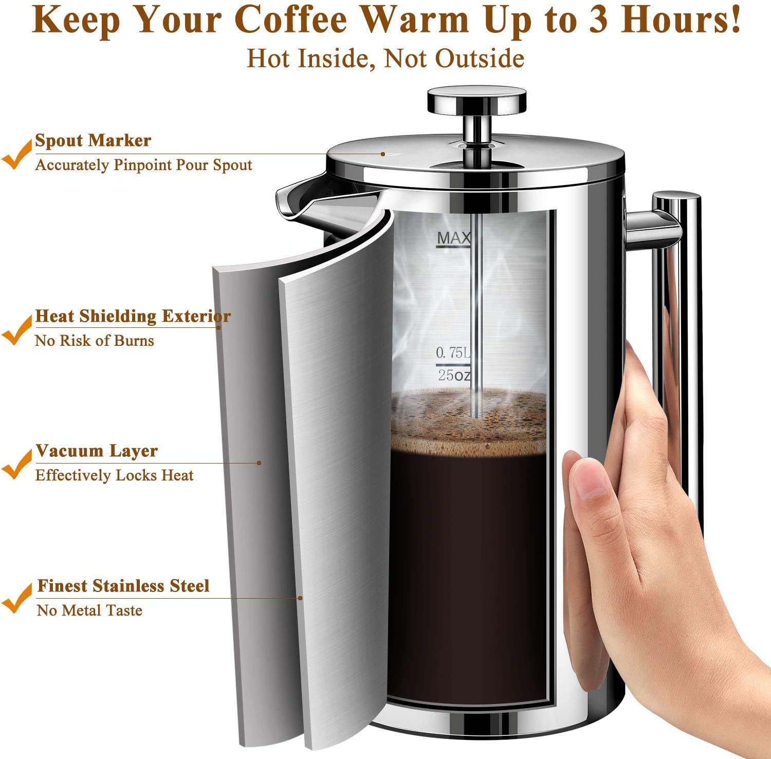 New Design Insulated Double Wall French Press Metal French Coffee Pot