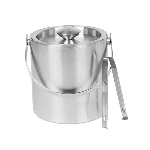 Double-Wall Stainless Steel Insulated Portable Ice Bucket With Lid and Ice Tong Included Strainer Keeps Ice Cold and Dry