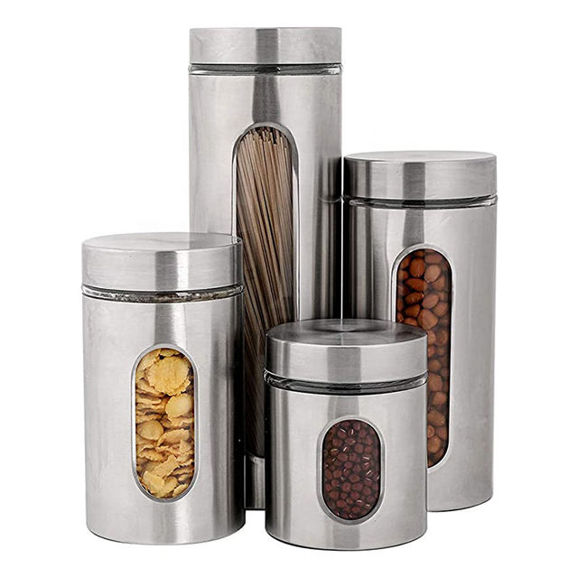 4 Piece Silver Brushed Stainless Steel Storage Canister Container Set with Glass Windows