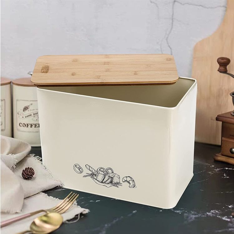 Kitchen Modern Metal Stainless Steel White Bread Box Cutting Board Bamboo Lid High Capacity Food Storage Bread Bin