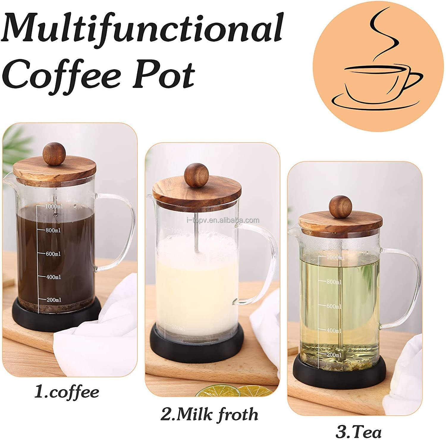 french press borosilicate glass french press with wood lid silicone non-slip bottom
