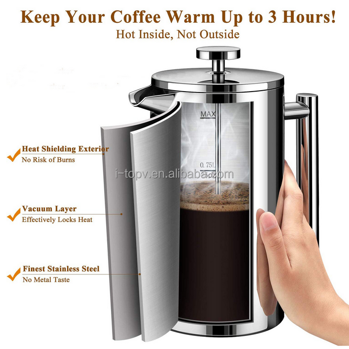 Stainless Steel 304 with 4-Level Filtration Systems Dishwasher Safe Double Wall Stainless Steel French Coffee Press