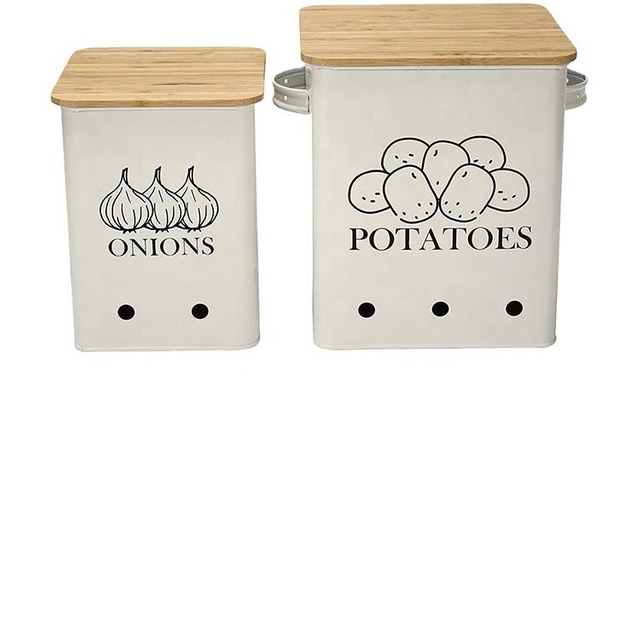 Food Storage Container With Bamboo Lid & Aerating Tin Storage Hole for Potato Onion and Garlic Canister Sets for Kitchen Counter