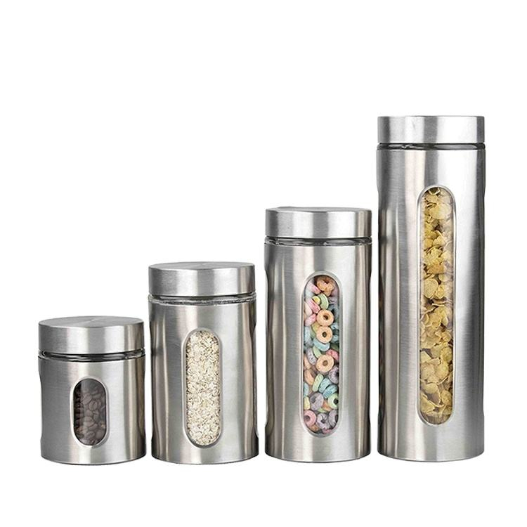 4 Piece Silver Brushed Stainless Steel Storage Canister Container Set with Glass Windows