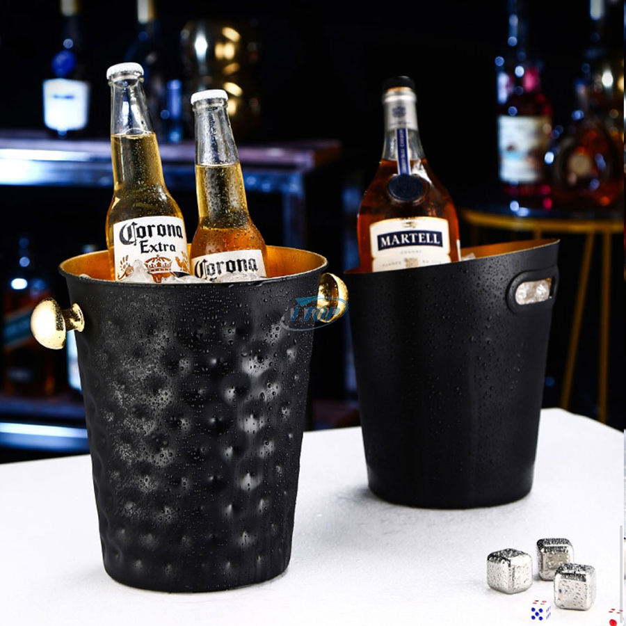 4 Quarts Hammered Metal Drink Bucket Champagne Wine Freeze Longer Insulated Ice Bucket With Handle