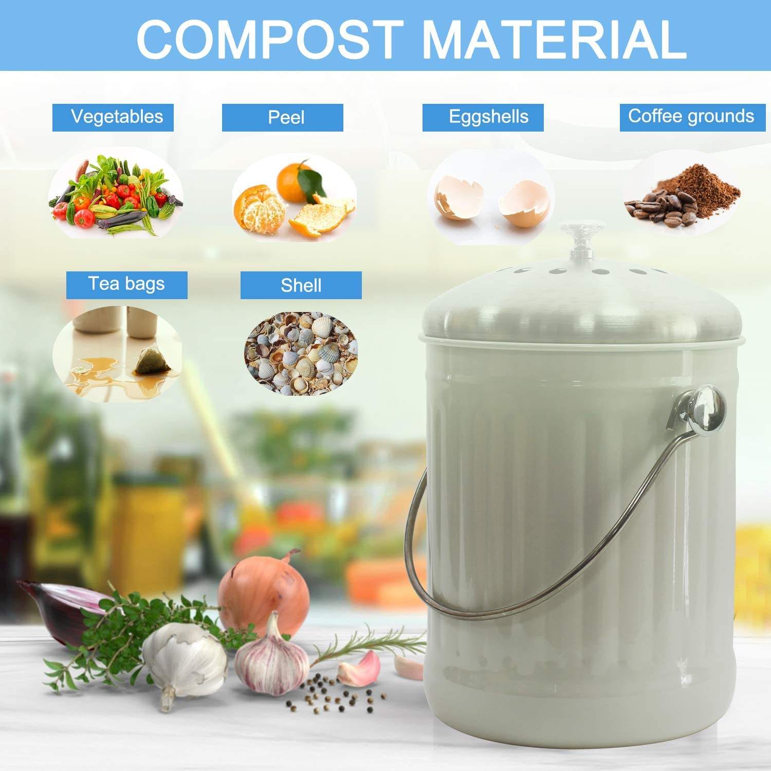1.3 Gal Composter with Lid Gavinizational zinc metal Kitchen Countertop Rust Proof Compost Bin with Charcoal Filter