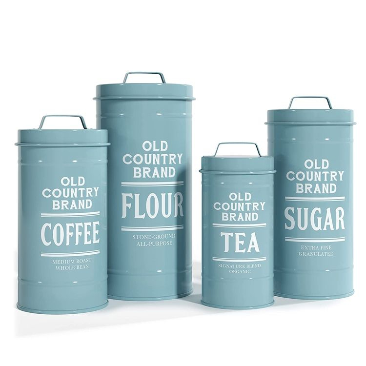 Kitchen Storage Containers 3 Piece Sugar Coffee And Tea Canister Set In Matte Blue For Home Coffee Shop