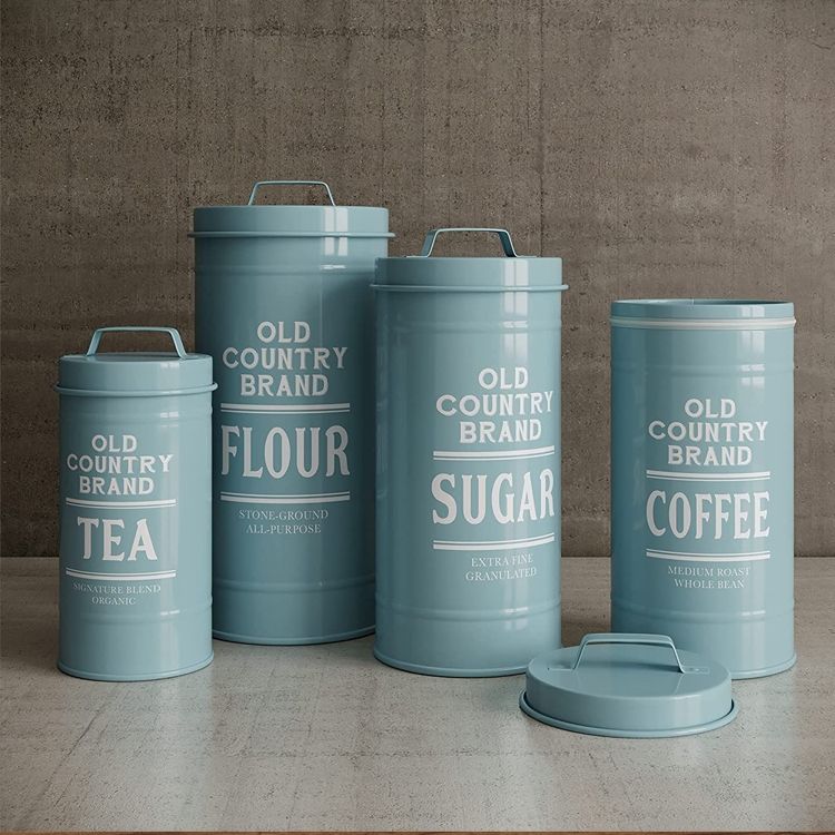 Kitchen Storage Containers 3 Piece Sugar Coffee And Tea Canister Set In Matte Blue For Home Coffee Shop
