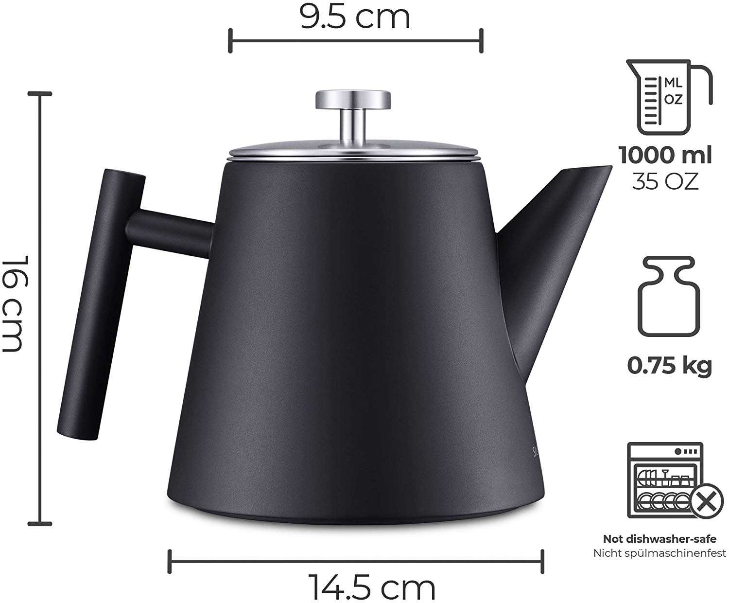 Stainless Steel Teapot with Warmer Double walled 1.2L Keeps tea hot for a long time with tea infuser Teapot