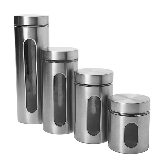 4 Piece Silver Brushed Stainless Steel Storage Canister Container Set with Glass Windows