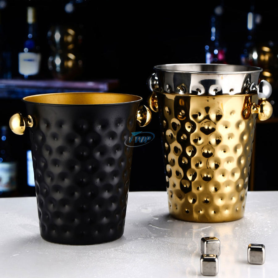 4 Quarts Hammered Metal Drink Bucket Champagne Wine Freeze Longer Insulated Ice Bucket With Handle
