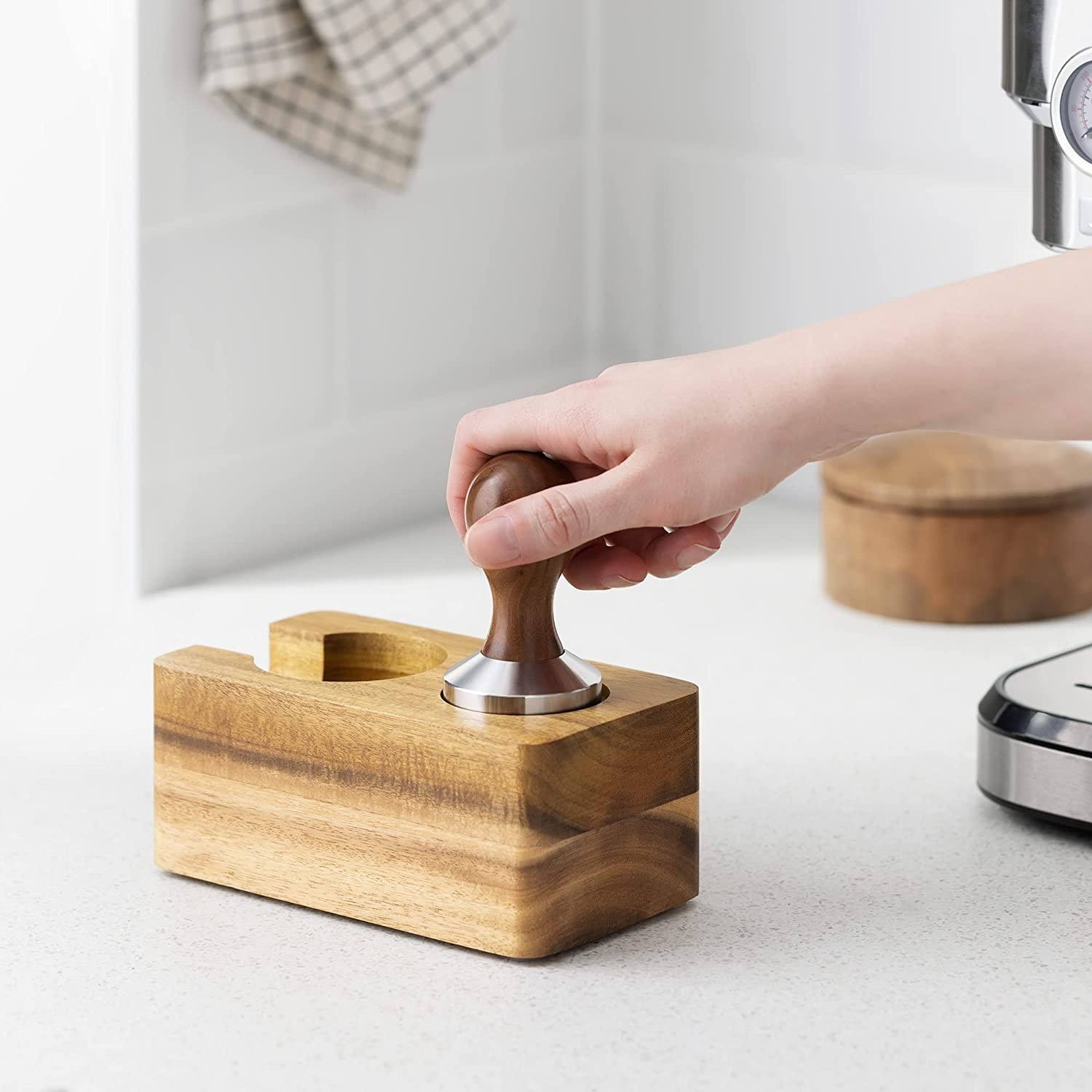 Wood Coffee Tamper Station - 51mm Tamper Holder for Espresso Machine Accessories - Wooden Portafilter Stand for Coffee Shop