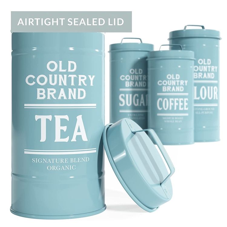 Kitchen Storage Containers 3 Piece Sugar Coffee And Tea Canister Set In Matte Blue For Home Coffee Shop