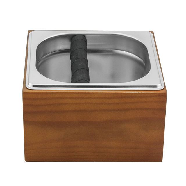 Stainless Steel Knock Box Espresso Dump Bin with Wooden Case Set - Wooden Frame Coffee Knock Box