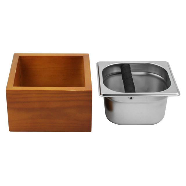 Stainless Steel Knock Box Espresso Dump Bin with Wooden Case Set - Wooden Frame Coffee Knock Box