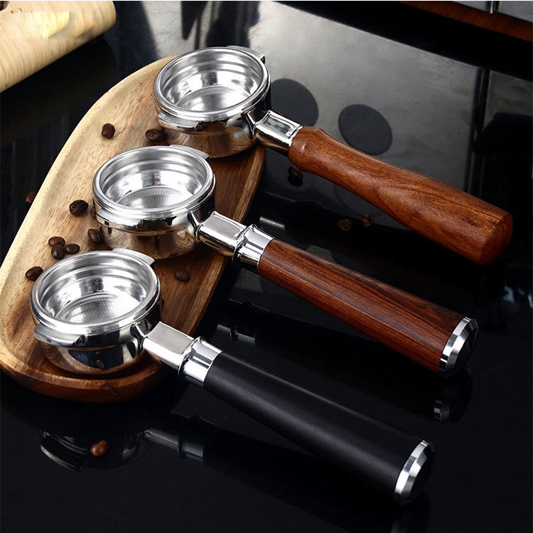 Factory Selling 58mm Stainless Steel Bottomless Coffee Portafilter with Wood Handle