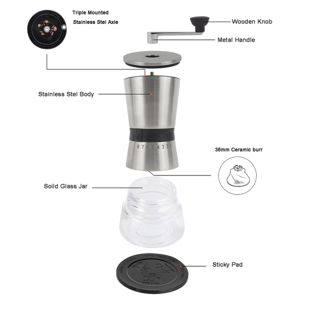 Travelling Portable Italian Manual Coffee Grinder Double Wall Hand Crank Coffee Grinder with Adjustable Fineness Setting