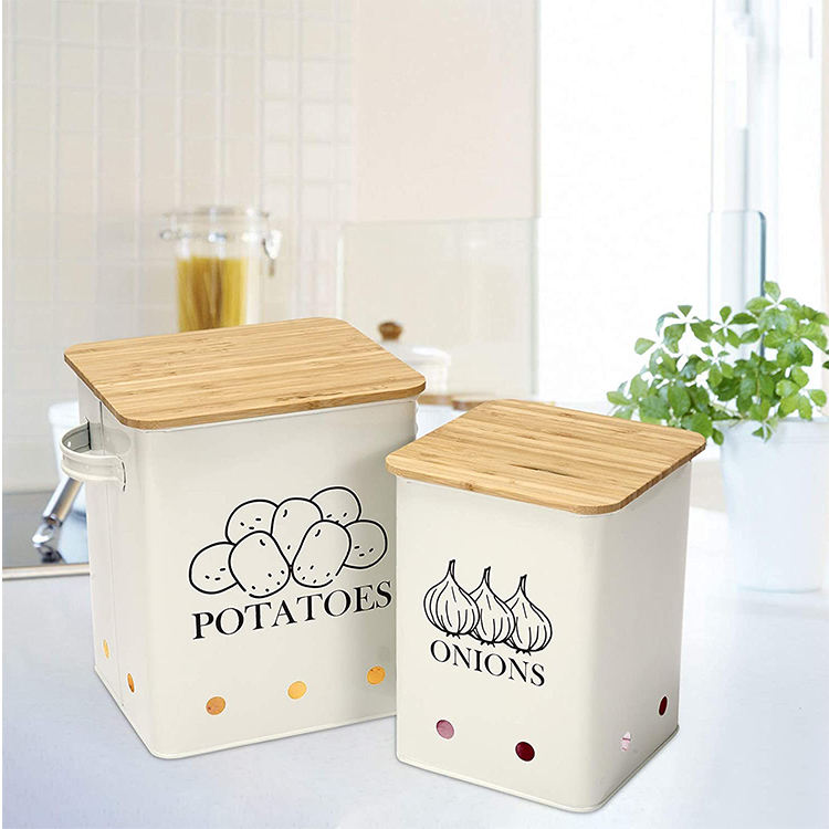Food Storage Container With Bamboo Lid & Aerating Tin Storage Hole for Potato Onion and Garlic Canister Sets for Kitchen Counter