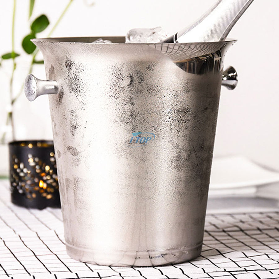 Custom Logo Barware Silver Double Walled Stainless Steel Insulated Ice Bucket with Lid and Tong