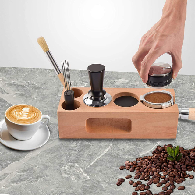 Espresso Tamper Coffee Distributor Tamper Espresso Stirrer Wood Coffee Tamper Station Espresso Tamping Mat Compatible with 58mm