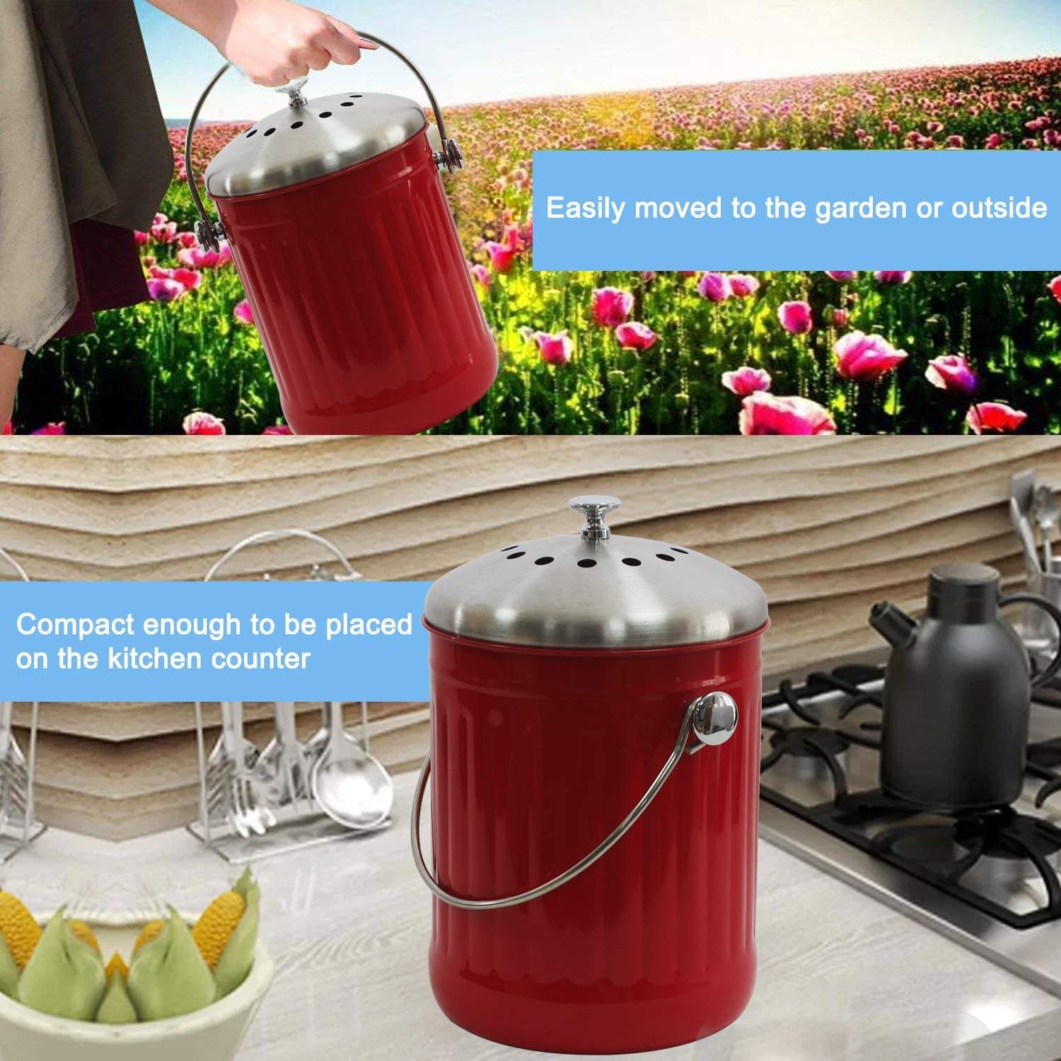 Kitchen Compost Pail for Counter or Under Sink 1.3 Gallon Metal Indoor Home Apartment Eco Biodegradable Compost Bin