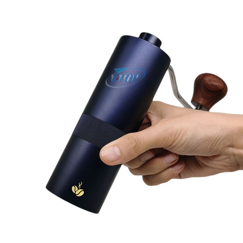 Metallic Blue Coffee Grinder Adjustable Burr Stainless Steel Portable Manual Hand Mini Coffee Bean Grinder Wood Handle