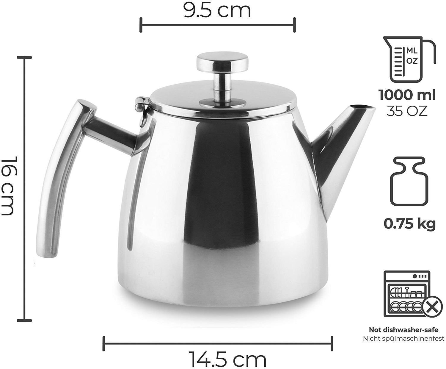 Stainless Steel tea pot Double walled 1.2L tea infuser Heat resistant Teapot with infuser