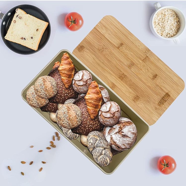 Kitchen Modern Metal Stainless Steel White Bread Box Cutting Board Bamboo Lid High Capacity Food Storage Bread Bin