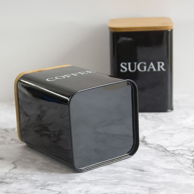 High Grade Metal tea coffee sugar Container Kitchen Food Storage Canister Set With Wooden Lid Jar