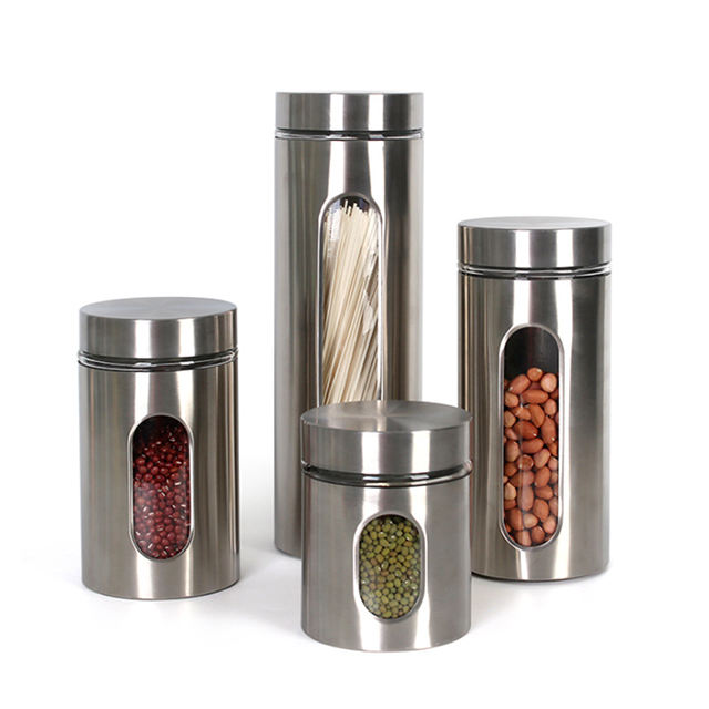 4 Piece Silver Brushed Stainless Steel Storage Canister Container Set with Glass Windows