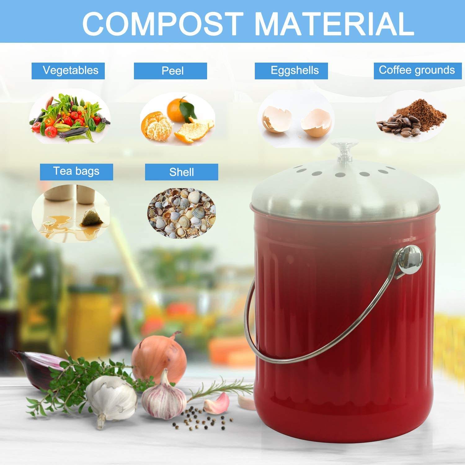 Kitchen Compost Pail for Counter or Under Sink 1.3 Gallon Metal Indoor Home Apartment Eco Biodegradable Compost Bin