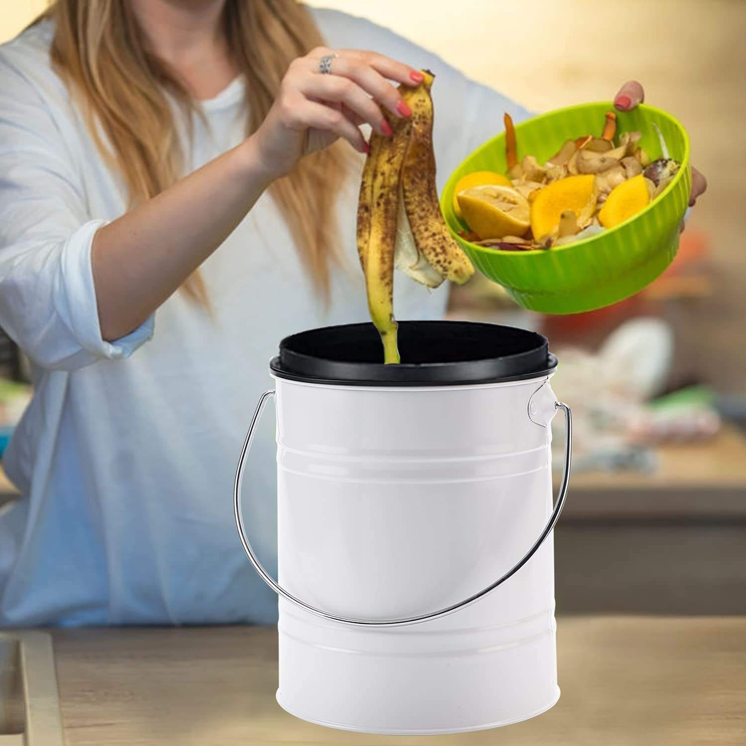 Product Kitchen Bin with Handle 1Gallon Indoor White with Plastic Bucket Compost Bin with Charcoal Filter