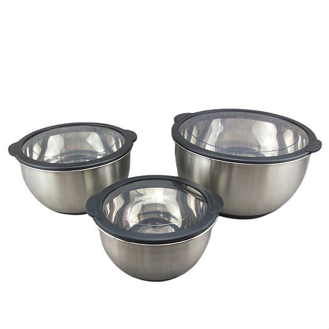 Multipurpose non slip silicone base 304 stainless steel mixing bowls with aritight lids set of 3