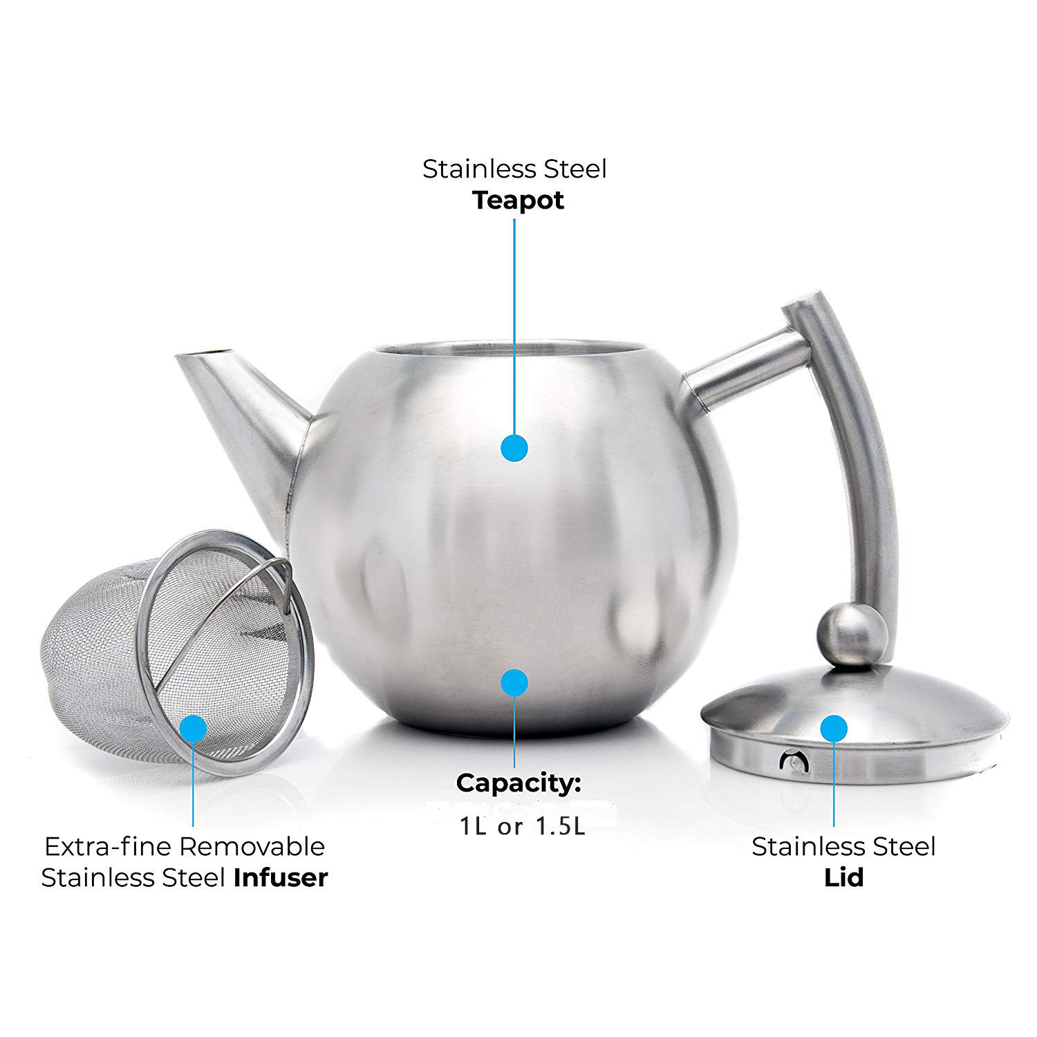 Stainless Steel 1.2L teapot with infuser for loose tea double walled insulation keeps tea warm for longer tea pot