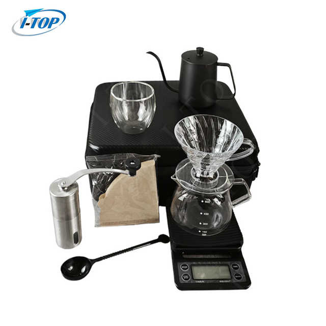 Wholesale Coffee Maker Set Gift Coffee Accessories Set With Includes Kettle Manual Grinder And Glass Cup