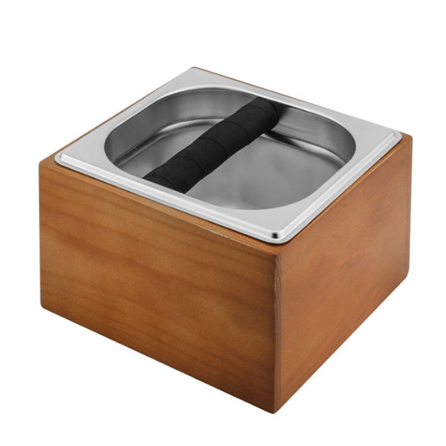 Stainless Steel Knock Box Espresso Dump Bin with Wooden Case Set - Wooden Frame Coffee Knock Box