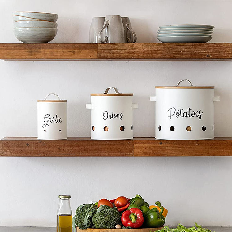 2022 Hot Sale Metal Garlic Potato and Onion Food Storage Containers Kitchen Canister Set With Lid of 3