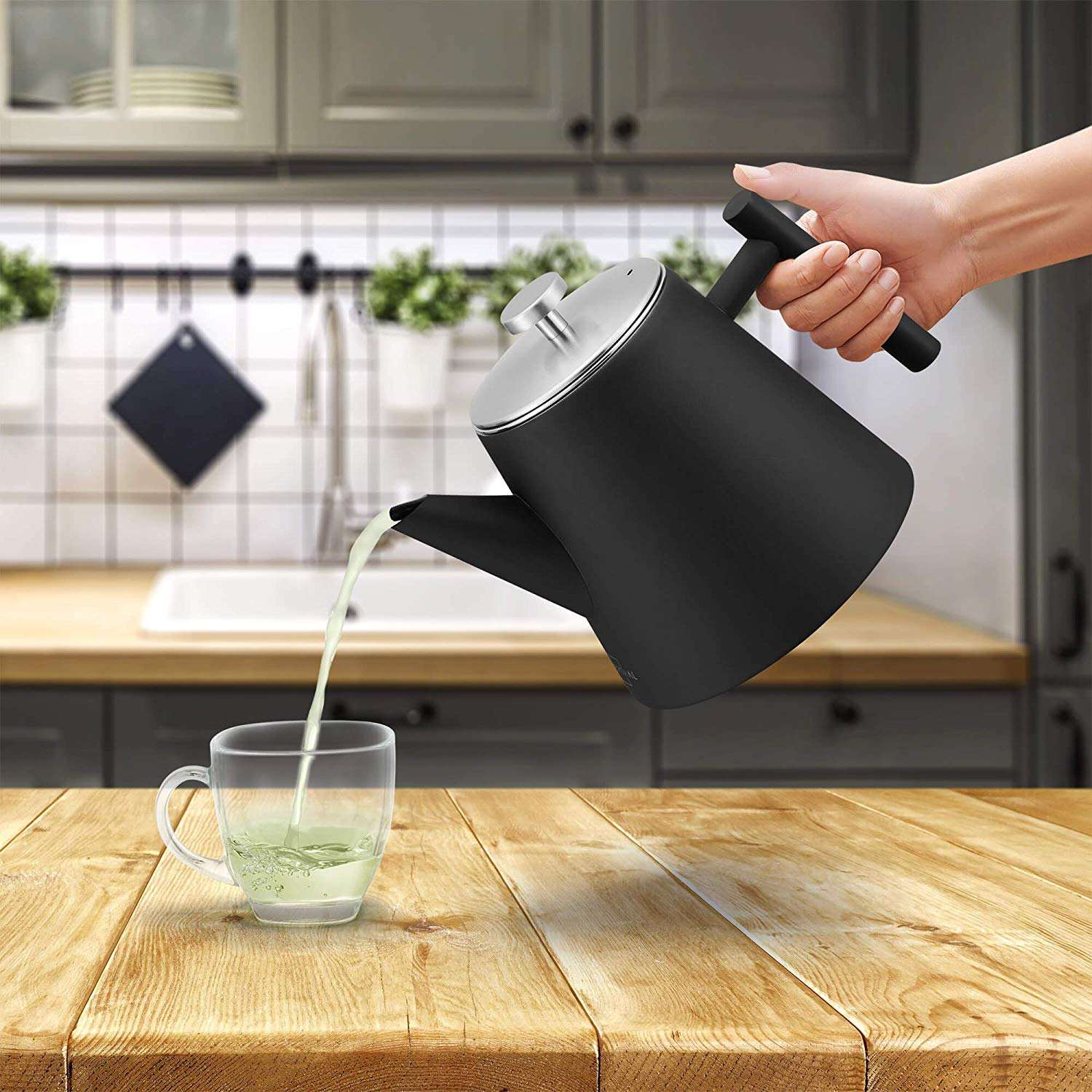 Stainless Steel Teapot with Warmer Double walled 1.2L Keeps tea hot for a long time with tea infuser Teapot