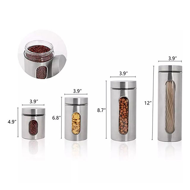 4 Piece Silver Brushed Stainless Steel Storage Canister Container Set with Glass Windows
