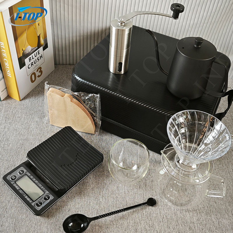Wholesale Coffee Maker Set Gift Coffee Accessories Set With Includes Kettle Manual Grinder And Glass Cup