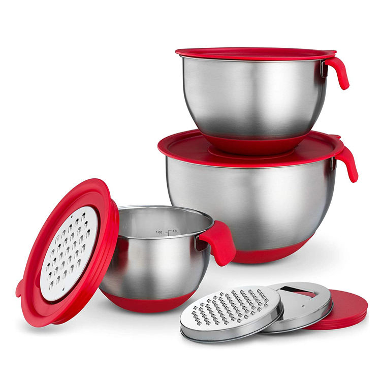 Hot sale salad bowl set stainless steel with handle and 3 graters stainless steel mixing bowls set
