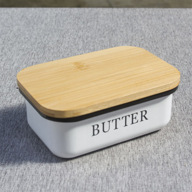 Metal Container Bin with Bamboo Wood Lid for Kitchen Metal Suger Cheese Storage Box Butter Dish