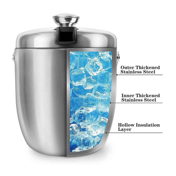 Ice Bucket Insulated with Tongs and Lids 3.4 Quarts for Parties and Bar, Stainless Steel Double Wall with Strainer