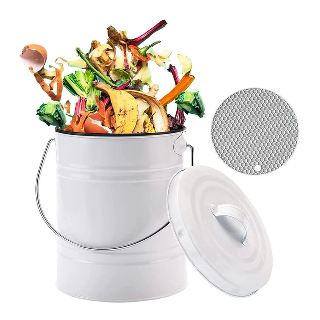 Product Kitchen Bin with Handle 1Gallon Indoor White with Plastic Bucket Compost Bin with Charcoal Filter
