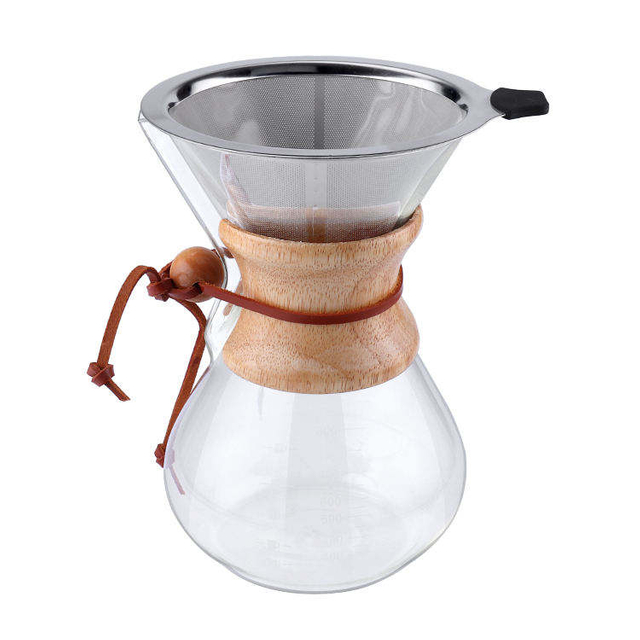 Hot Selling Pour Over Coffee Maker High Borosilicate Glass Carafe With Paperless Stainless Steel Coffee Drip And Wood Sleeve